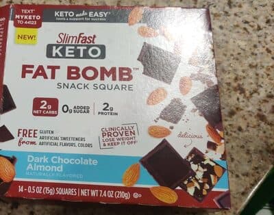 DARK CHOCOLATE ALMOND FLAVORED KETO FAT BOMB SNACK SQUARES, DARK CHOCOLATE ALMOND