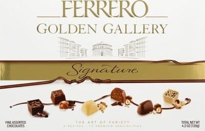 GOLDEN GALLERY FINE ASSORTED CHOCOLATES, ASSORTED, DARK OPERA, BIANCORETTI, CARAMEL LEONARDO, WHITE OPERA, GIANDUJOT FERRERO, HAZELNUT DUO