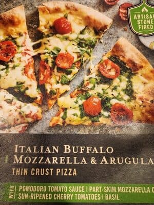 ITALIAN BUFFALO MOZZARELLA & ARUGULA WITH POMODORO TOMATO SAUCE, PART-SKIM MOZZARELLA CHEESE, SUN-RIPENED CHERRY TOMATOES BASIL THIN CRUST PIZZA, ITALIAN BUFFALO MOZZARELLA & ARUGULA
