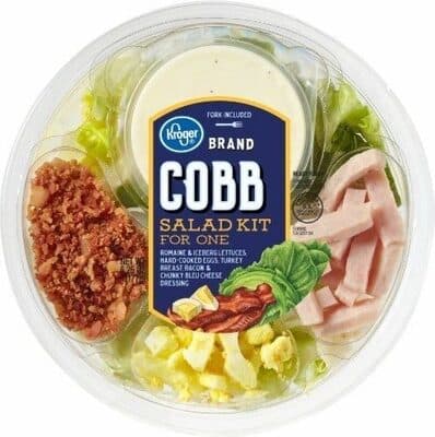 KROGER, FRESH SELECTIONS, COBB SALAD KIT FOR ONE, ROMAINE LETTUCE, HARD BOILED EGGS, TURKEY BREAST, ICEBERG LETTUCE, BACON, CHUNKY BLEU CHEESE DRESSING