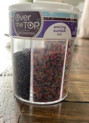 SMILING SUNDAE MIX, CHOCOLATEY CRISPS, SUGAR CRYSTALS, EDIBLE CONFETTI, NONPAREILS, JIMMIES
