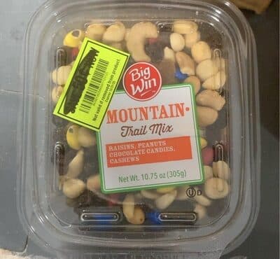 MOUNTAIN TRAIL MIX RAISINS, PEANUTS CHOCOLATE CANDIES, CASHEWS, MOUNTAIN TRAIL MIX