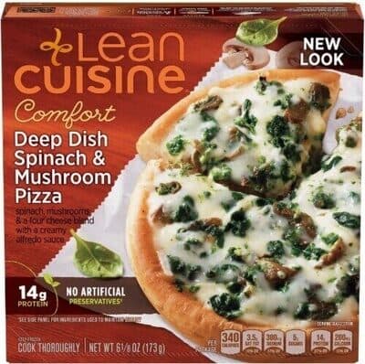 DEEP DISH SPINACH, MUSHROOMS & A FOUR CHEESE BLEND WITH A CREAMY ALFREDO SAUCE PIZZA, DEEP DISH SPINACH & MUSHROOM