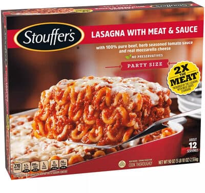 PARTY SIZE LASAGNA WITH MEAT & SAUCE WITH 100% PURE BEEF, HERB SEASONED TOMATO SAUCE AND REAL MOZZARELLA CHEESE, LASAGNA WITH MEAT & SAUCE