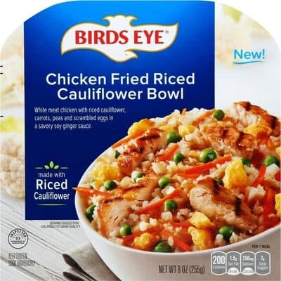 CHICKEN FRIED RICED CAULIFLOWER WHITE MEAT CHICKEN WITH RICED CAULIFLOWER, VEGETABLES AND SCRAMBLED EGGS IN A SOY GINGER SAUCE, CHICKEN FRIED RICED CAULIFLOWER