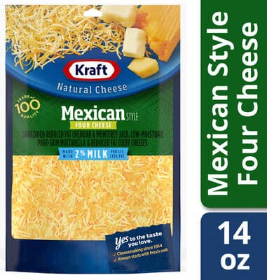 FOUR CHEESE MEXICAN STYLE SHREDDED REDUCED FAT CHEDDAR & MONTEREY JACK, LOW-MOISTURE PART-SKIM MOZZARELLA & REDUCED FAT COLBY NATURAL CHEESE, MEXICAN STYLE FOUR CHEESE