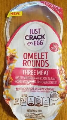THREE MEAT OMELETS WITH EGGS, EGG WHITES, PORK SAUSAGE, UNCURED BACON, UNCURED HAM & CHEDDAR CHEESE OMELET ROUNDS, THREE MEAT