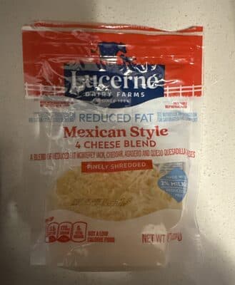 MEXICAN STYLE 4 CHEESE BLEND A BLEND OF REDUCED FAT MONTEREY JACK, CHEDDAR, ASADERO AND QUESO QUESADILLA FINELY SHREDDED CHEESES, MEXICAN STYLE 4 CHEESE BLEND