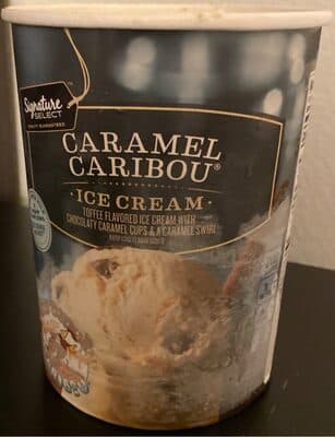 DENALI CARAMEL CARIBOU TOFFEE FLAVORED ICE CREAM WITH CHOCOLATY CARAMEL CUPS & A CARAMEL SWIRL, DENALI CARAMEL CARIBOU