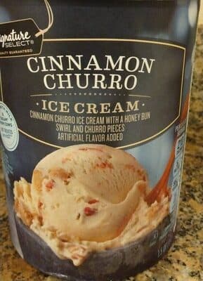 CINNAMON CHURRO FLAVORED ICE CREAM WITH A HONEY BUN SWIRL AND CHURRO PIECES, CINNAMON CHURRO