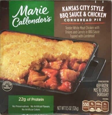 KANSAS CITY STYLE BBQ SAUCE & CHICKEN CORNBREAD PIE TENDER WHITE MEAT CHICKEN WITH ONIONS AND CARROTS IN BBQ SAUCE TOPPED WITH CORNBREAD, KANSAS CITY STYLE BBQ SAUCE & CHICKEN