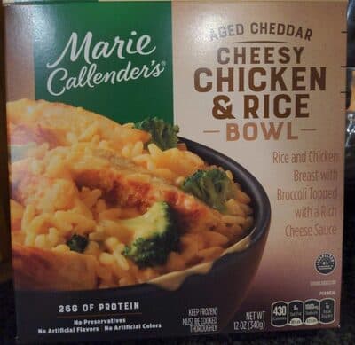 AGED CHEDDAR CHEESY CHICKEN & RICE RICE AND CHICKEN BREAST WITH BROCCOLI TOPPED WITH A RICH CHEESE SAUCE BOWL, AGED CHEDDAR CHEESY CHICKEN & RICE