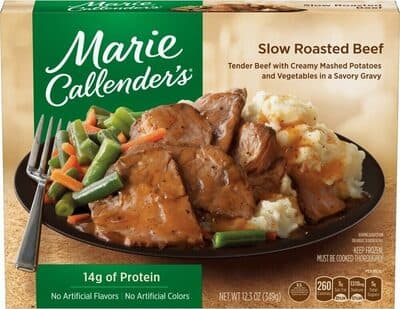 SLOW ROASTED TENDER BEEF WITH CREAMY MASHED POTATOES AND VEGETABLES IN A SAVORY GRAVY, SLOW ROASTED BEEF