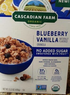 BLUEBERRY VANILLA FLAVORED WHOLE GRAIN OATS, DATE POWDER, BLUEBERRIES AND NATURAL VANILLA FLAVOR GRANOLA, BLUEBERRY VANILLA