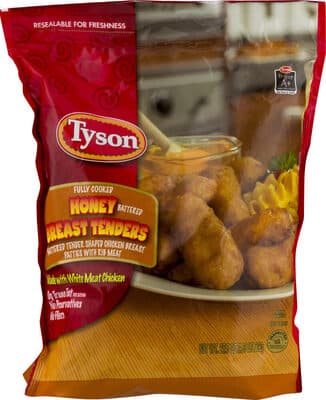 HONEY BATTERED BREAST TENDERS SHAPED CHICKEN PATTIES WITH RIB MEAT, HONEY