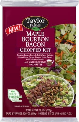 MAPLE BOURBON BACON ROMAINE LETTUCE, BROCCOLI, RED & SAVOY CABBAGE, GREEN ONION, CARROTS, UNCURED SMOKY BACON, GOLDEN HONEY ALMONDS, WITH MAPLE-BOURBON VINAIGRETTE CHOPPED KIT, MAPLE BOURBON BACON