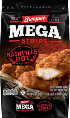 NASHVILLE HOT RECIPE BREADED WHITE MEAT CHICKEN PATTY STRIPS COATED IN SAUCE MEGA STRIPS, NASHVILLE HOT RECIPE