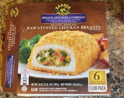 SPINACH, ARTICHOKE & PARMESAN FILLED WITH ARTICHOKES, SPINACH, AND A BLEND OF CHEESES IN A CREAMY WHITE SAUCE BREADED-BONELESS RAW STUFFED CHICKEN BREASTS WITH RIB MEAT, SPINACH, ARTICHOKE & PARMESAN