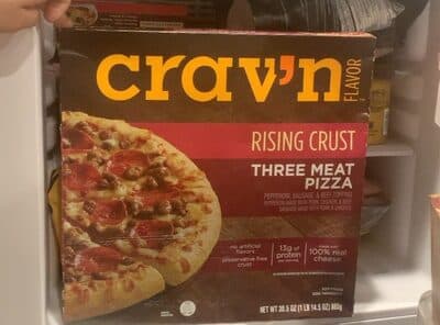 THREE MEAT PEPPERONI, SAUSAGE & BEEF TOPPING RISING CRUST PIZZA, THREE MEAT