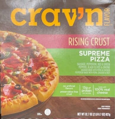 SUPREME SAUSAGE, PEPPERONI, RED & GREEN PEPPERS, BLACK OLIVES & ONIONS RISING CRUST PIZZA, SUPREME