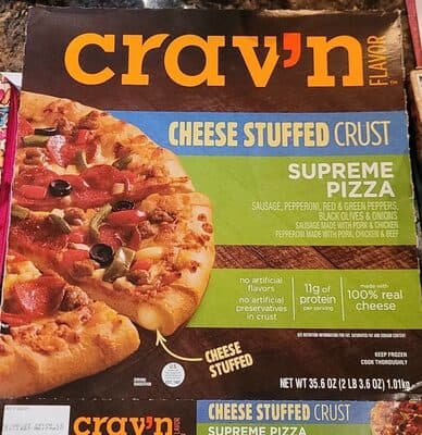 SUPREME SAUSAGE, PEPPERONI, RED & GREEN PEPPERS, BLACK OLIVES & ONIONS CHEESE STUFFED CRUST PIZZA, SUPREME