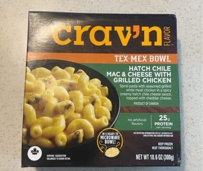 HATCH CHILI MAC & CHEESE WITH GRILLED CHICKEN SPIRAL PASTA WITH SEASONED GRILLED WHITE MEAT CHICKEN IN A SPICY CREAMY HATCH CHILI CHEESE SAUCE, TOPPED WITH CHEDDAR CHEESE TEX-MEX BOWL, HATCH CHILI MAC & CHEESE WITH GRILLED CHICKEN