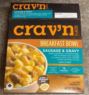 SAUSAGE & GRAVY HEARTY POTATOES, SCRAMBLED EGGS, AND CRUMBLED PORK IN A SAVORY GRAVY WITH CHEDDAR CHEESE SPRINKLED ON TOP. BREAKFAST BOWL, SAUSAGE & GRAVY