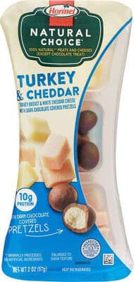 ALL NATURAL OVEN-ROASTED TURKEY BREAST AND MILD WHITE CHEDDAR CHEESE WITH DARK CHOCOLATE COVERED PRETZELS, OVEN-ROASTED TURKEY BREAST AND MILD WHITE CHEDDAR
