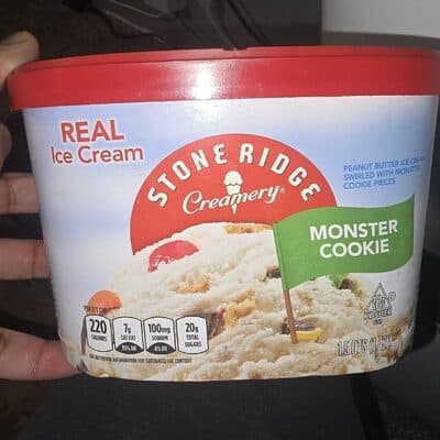MONSTER COOKIE PEANUT BUTTER ICE CREAM SWIRLED WITH MONSTER COOKIE PIECES, MONSTER COOKIE