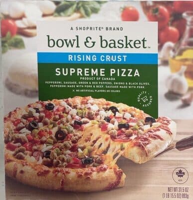SUPREME PEPPERONI, SAUSAGE, GREEN & RED PEPPERS, ONIONS & BLACK OLIVES. PEPPERONI MADE WITH PORK & BEEF, SAUSAGE MADE WITH PORK RISING CRUST PIZZA, SUPREME