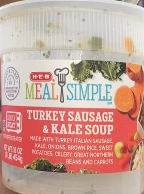 TURKEY SAUSAGE & KALE SOUP MADE WITH TURKEY ITALIAN SAUSAGE, KALE, ONIONS, BROWN RICE, SWEET POTATOES, CELERY, GREAT NORTHERN BEANS AND CARROTS, TURKEY SAUSAGE & KALE