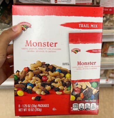 MONSTER RAISINS, PEANUTS, M&M'S MILK CHOCOLATE CANDIES, ALMONDS, & CASHEWS TRAIL MIX, MONSTER