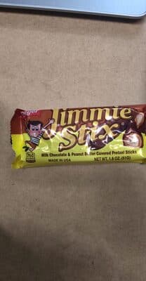 JIMMIE STIX, MILK CHOCOLATE & PEANUT BUTTER COVERED PRETZEL STICKS
