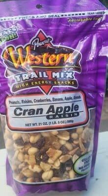 CRAN APPLE RAISIN PEANUTS, RAISINS, CRANBERRIES, BANANA, APPLE, ALMONDS WESTERN TRAIL MIX HIGH ENERGY SNACKS, CRAN APPLE RAISIN