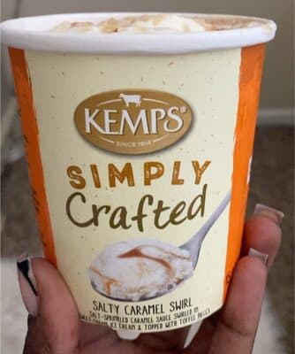 SALTY CARAMEL SWIRL SALT-SPRINKLED CARAMEL SAUCE SWIRLED IN SWEET CREAM ICE CREAM & TOPPED WITH TOFFEE PIECES PREMIUM ICE CREAM, SALTY CARAMEL SWIRL