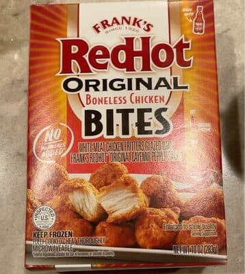 ORIGINAL BONELESS CHICKEN WHITE MEAT CHICKEN FRITTERS GLAZED WITH FRANK'S REDHOT ORIGINAL CAYENNE PEPPER SAUCE BITES, ORIGINAL