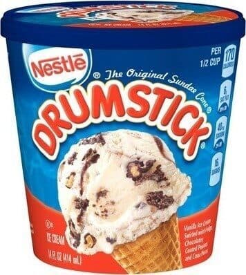 VANILLA ICE CREAM SWIRLED WITH FUDGE, CHOCOLATEY COATED PEANUTS AND CONE PIECES, VANILLA
