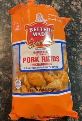 BARBECUE FLAVORED FRIED PORK RINDS CHICHARRONES, BARBECUE