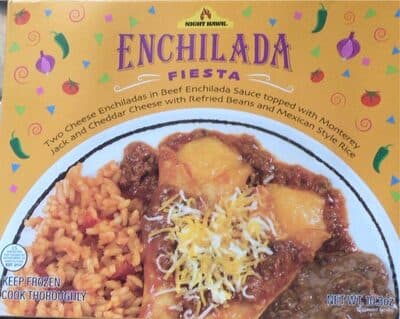 ENCHILADA FIESTA TWO CHEESE ENCHILADAS IN BEEF ENCHILADA SAUCE TOPPED WITH MONTEREY JACK AND CHEDDAR CHEESE WITH REFRIED BEANS AND MEXICAN STYLE RICE, ENCHILADA FIESTA