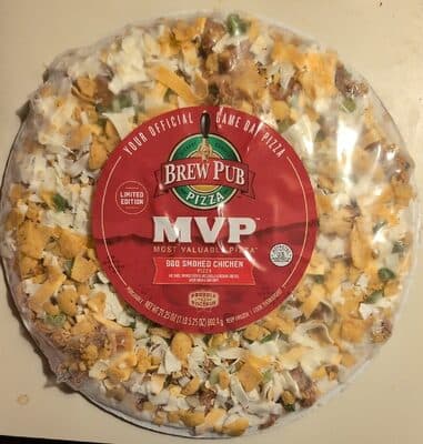 BBQ SMOKED CHICKEN BBQ SAUCE, SMOKED CHICKEN, MOZZARELLA & CHEDDAR CHEESES, GREEN ONION & CORN CHIPS PIZZA, BBQ SMOKED CHICKEN