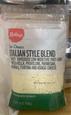 SIX CHEESE ITALIAN STYLE BLEND FANCY SHREDDED LOW-MOISTURE PART-SKIM MOZZARELLA, PROVOLONE, PARMESAN, ROMANO, FONTINA AND ASIAGO CHEESE, SIX CHEESE ITALIAN STYLE BLEND