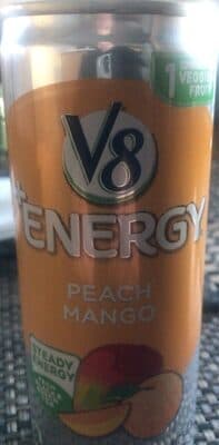 V8, V-FUSION, +ENERGY, PEACH AND MANGO FLAVORED BEVERAGE BLEND, PEACH, MANGO