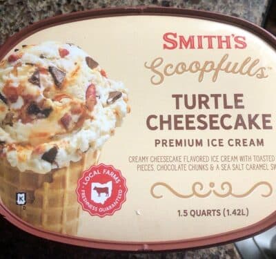 TURTLE CHEESECAKE CREAMY CHEESECAKE FLAVORED PREMIUM ICE CREAM WITH TOASTED PECAN PIECES, CHOCOLATE CHUNKS & A SEA SALT CARAMEL SWIRL, TURTLE CHEESECAKE