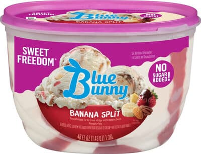 BANANA SPLIT FUDGE AND STRAWBERRY SWIRLS PINEAPPLE NUTS REDUCED FAT ICE CREAM, BANANA SPLIT
