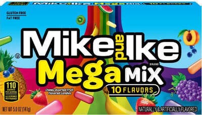 MEGA MIX CARIBBEAN PUNCH, STRAWBERRY BANANA, PARADISE PUNCH, GRAPE SODA, KIWI-BANANA, MANGO DELIGHT, PINEAPPLE-BANANA, WATERMELON, PEACH BERRY, BLUE RASPBERRY CHEWY ASSORTED FRUIT FLAVORED CANDY, MEGA MIX