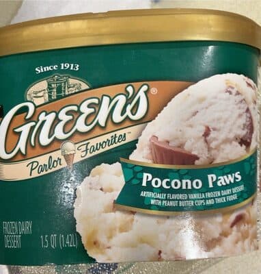POCONO PAWS PEANUT BUTTER CUPS AND THICK FUDGE SWIRLED IN VANILLA FLAVORED FROZEN DAIRY DESSERT, POCONO PAWS