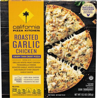 ROASTED GARLIC CHICKEN TOPPED WITH GRILLED WHITE-MEAT CHICKEN, MOZZARELLA CHEESE, ROASTED GARLIC, WHITE ONIONS AND PARSLEY OVER CREAMY GARLIC SAUCE CRISPY THIN CRUST PIZZA, ROASTED GARLIC CHICKEN