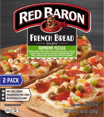 SUPREME FRENCH BREAD TOPPED WITH PIZZA SAUCE, MOZZARELLA CHEESE, SAUSAGE MADE WITH PORK & CHICKEN, PEPPERONI MADE WITH PORK, CHICKEN & BEEF, GREEN & RED PEPPERS AND ONIONS FRENCH BREAD SINGLES PIZZAS, SUPREME
