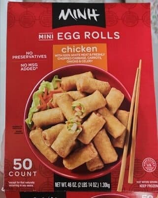 CHICKEN WITH 100% WHITE MEAT & FRESHLY CHOPPED CABBAGE, CARROTS, ONIONS & CELERY MINI EGG ROLLS, CHICKEN