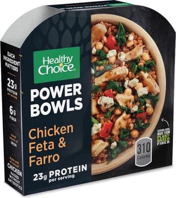CHICKEN FETA & FARRO PULLED ALL NATURAL CHICKEN BREAST WITH CHICKPEAS AND VEGETABLES SERVED ON TOP OF FARRO WITH A GARLIC OREGANO SAUCE TOPPED WITH FETA CHEESE POWER BOWLS, CHICKEN FETA & FARRO